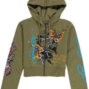 Ed Hardy Olive Hoodie with Colorful Graphics